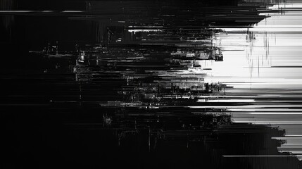 Abstract pixelated horizontal data stream with glitchy distortion, shifting from deep black to bright white, evoking digital error, system breakdown and cyber information noise