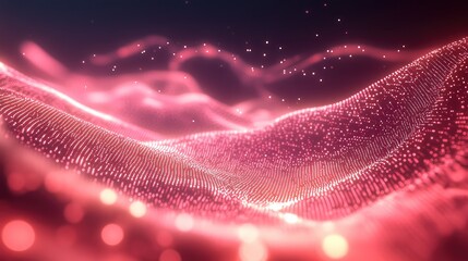 Flowing digital data and glowing particle network form an interconnected wavy surface of magenta and red, illustrating big data, ai, communication, cyberspace visualization and motion