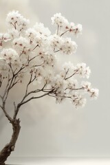 Obraz premium Blooming tree branch with white flowers on neutral background, Tu BiShvat concept