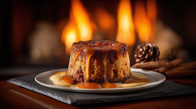 Delicious Caramel Pudding in a cozy setting, Fireplace with  pine cones, and cinnamon sticks. Perfect dessert for a warm and festive atmosphere. Sweet  indulgence!