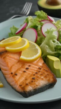 Lachsfilet mit Zitronenscheiben und Sommersalat