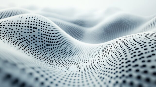 Abstract network surface featuring an undulating, dynamic pattern of dark perforations, creating a modern, textured background for data, technology, or scientific concepts - Powered by Adobe