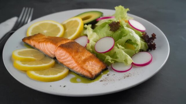 Lachsfilet mit Zitronenscheiben und Sommersalat
