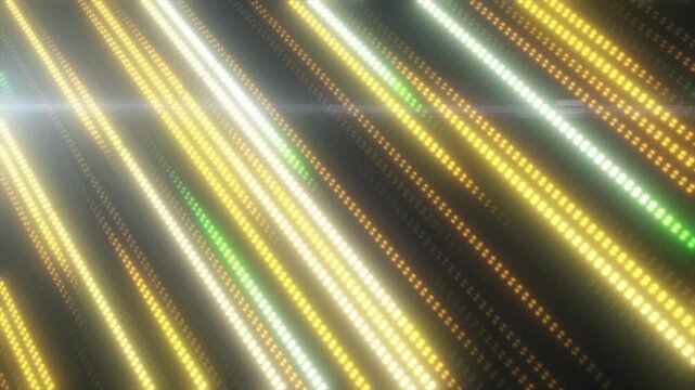 Bright yellow and green LED dot stripes arranged diagonally, creating a vibrant glowing abstract pattern