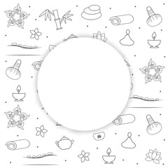 Spa and wellness concept in gray. Pattern with Spa and wellness icons design. Text space. Chinese massage, Thai massage. Wellness massage. Relaxation. Vector for your design. EPS10.