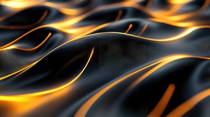 Abstract dark fabric texture featuring dynamic flowing bright orange illuminated lines, creating a sense of energy conduction, digital flow, and modern connectivity across a futuristic landscape