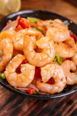 Fresh Cooked Shrimp with Peppers in Black Skillet