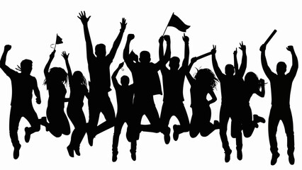 Silhouette of a cheering crowd jumping with joy and excitement.