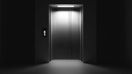 Empty elevator doors closing in a dimly lit, minimalist building corridor, representing concepts of transition, future, arrival, departure, and the unknown journey ahead