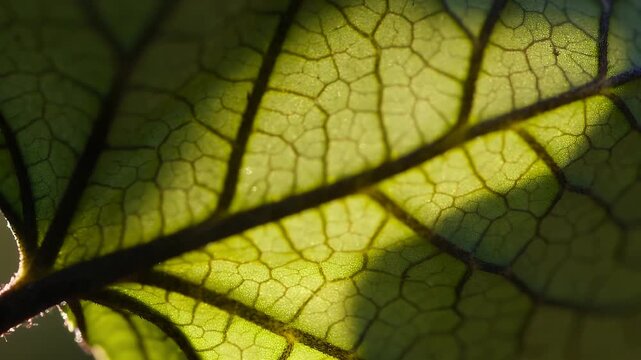 Golden sunlight beautifully illuminates the intricate vein structure of a vibrant green leaf, showcasing nature's detail.
