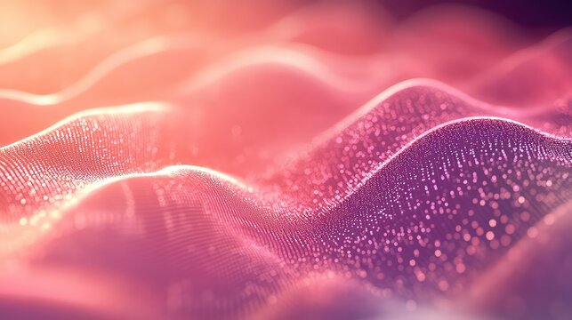 Digital particles creating an abstract, dynamic wave flowing across a gradient background, representing complex data, artificial intelligence, and advanced technology concepts