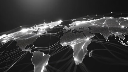 Global network displaying bright interconnected lines and dots moving across a digital world map, illustrating worldwide communication, technology, and data exchange