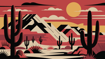 Wild west desert vector illustration, featuring texas mountains, cactuses, and stylized landscape, perfect for banners, flyers, card designs, signage, and creative western-themed projects.