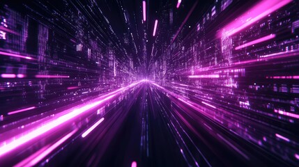 Abstract visualizing network connectivity, high speed information flow, and communication technology within a dark digital environment with glowing pink and purple light lines