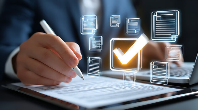 Person writing with stylus on tablet with digital documents and checkmark hand - Powered by Adobe