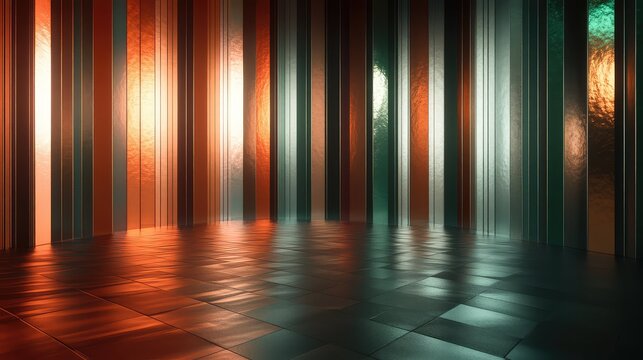 Empty room featuring a dynamic backdrop of vertical textured metallic stripes in warm and cool tones, creating vibrant reflections on the checkered floor surface