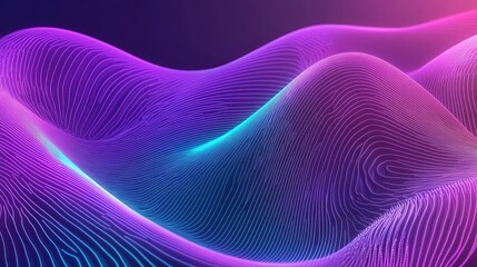 Abstract background presenting glowing purple and blue lines forming undulating waves, visualizing data flow, sound, or network connections in a futuristic digital landscape