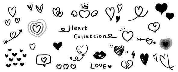 ハートの素材コレクション。かわいい手書きのハートマーク。ベクターアイコン。