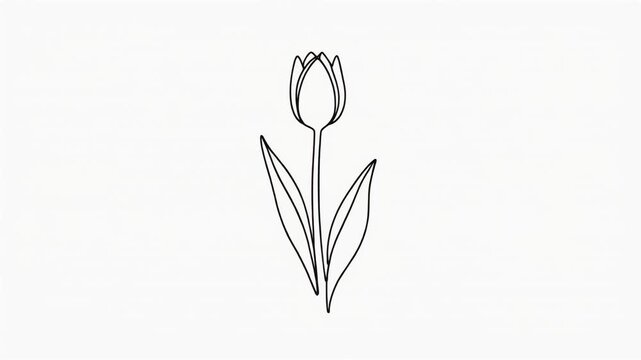 Minimalist single line of a tulip flower with two leaves on a white background botanical simple artistic one line animation.