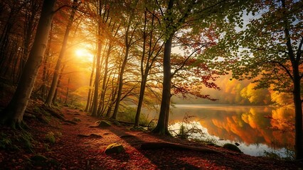 Sunlit autumn forest path with golden and red foliage beside a calm reflective lake