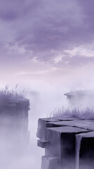 Misty cliff edge foggy landscape purple sky rocky plateau tall grass dramatic clouds