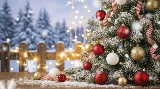 A beautifully festive evergreen tree stands adorned with a variety of shimmering spherical ornaments in classic red, elegant gold, and pristine white, gracefully intertwined with a striped red and whi