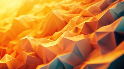 Abstract geometric faceted surface exhibiting depth and movement with warm orange and yellow gradients transitioning to cool blue tones, ideal for digital backgrounds and modern designs