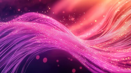 Wavy strands of vibrant pink and purple fiber optics and glowing particles illustrate a modern concept of data transfer, high speed connection, and digital communication technology