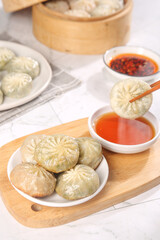 Asian Steamed Dumplings with Chili Sauce Breakfast