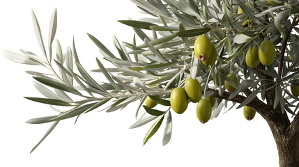 Olive tree branch with green olives and leaves on white background