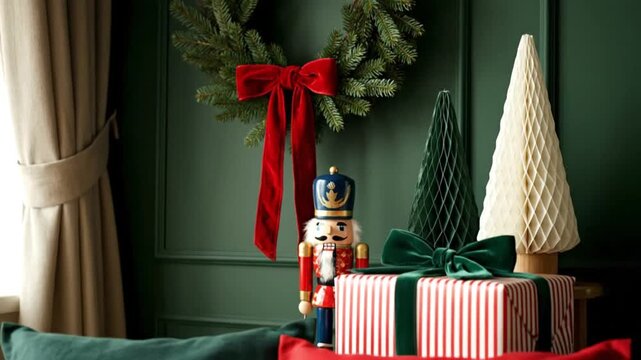 Festive Christmas Decor with Wreath, Nutcracker, and Gift on Green Wall