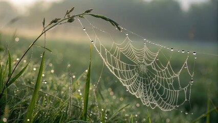 Dew-Kissed Spiderweb Glistening in Morning Mist
