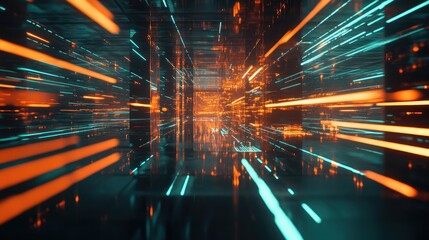 Digital information stream traversing a futuristic data tunnel, visualizing high speed communication, big data analytics, and the abstract concept of cyberspace technology