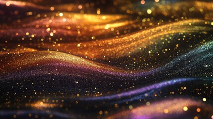 Glittering dust particles forming undulating waves of vibrant color, showing a dynamic flow of light and texture against a dark background with sparkling bokeh effects