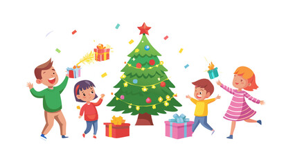 Fototapeta premium Happy cartoon kids tearing open colorful gift boxes under a glowing Christmas tree, wrapping paper flying, joyful morning excitement