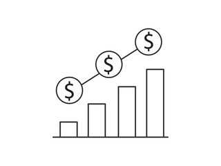 A black and white line graph with dollar signs and increasing bars