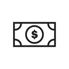 A simple black line drawing of a dollar bill icon with a dollar sign in the center