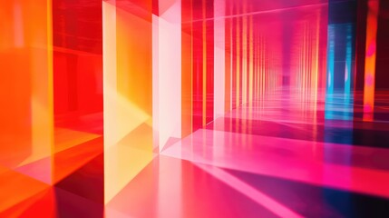 Abstract, vibrant light tunnel creating a sense of dynamic progression and a futuristic journey through illuminated geometric structures with a repeating pattern