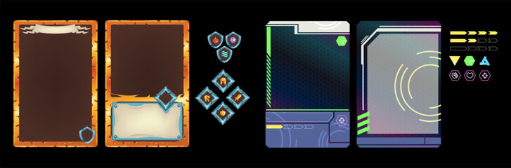 Game trading card. Cartoon tcg cards magic gaming player gold frame design template 2d casual rpg character skills rate info or board game gathering, classy vector illustration