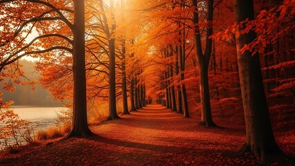 Autumn forest pathway with golden and red foliage along a winding trail beside a lake