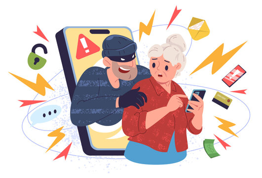 Senior fraud. Old people scam victim, phone scammer online phishing cyber crime elder man personal data thief digital hacking mobile hacker cyber crime, classy vector illustration