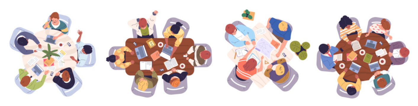 Brainstorm top view. Students work above table together, teamwork around desk business meeting conference office team study discuss sitting people tables classy vector illustration