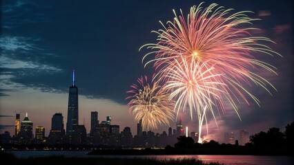 Fireworks illuminate a city skyline at night