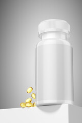 White empty pill 150ml bottle with golden softgel vitamins on grey background. 3D rendering.