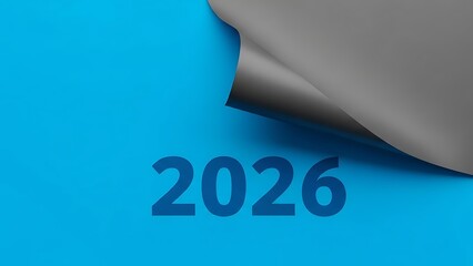 Blue background with curled gray paper revealing the year 2026 in bold blue font new year curled paper