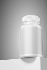 White pharmaceutical 250ml bottle with empty label on grey studio background. 3D rendering.