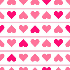 Seamless pattern with rows of pink and magenta hearts on a white background with soft horizontal stripes for Valentines Day designs, romantic stationery, gift wrap, textiles, greeting cards. Vector