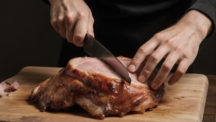 Slicing Glazed Ham on a Wooden Cutting Board for Dinner.