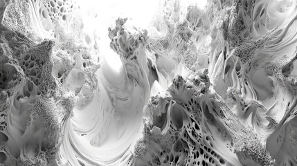 Textured white gray abstract surface with intricate porous, cellular patterns and fluid, swirling forms suggesting microscopic, geological and futuristic organic structures