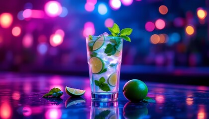 Fresh Mojito Cocktail with Mint and Lime in Neon Bar Atmosphere